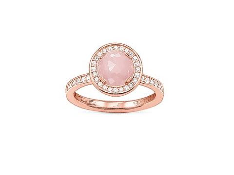 Ring von Thomas Sabo in Silber mit vergoldetem Roségold, besetzt mit einem runden Rosenquarz und Zirkonia-Steinen, Größe 54. Elegantes Design ideal für besondere Anlässe.