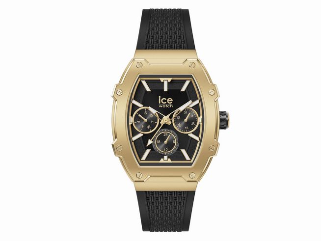 50441390-0 Die Ice Watch Uhr 022866 ICE boliday Golden Black Small zeigt ein elegantes Design mit einem goldenen Gehäuse und schwarzem Ziffernblatt sowie einem strapazierfähigen schwarzen Armband.