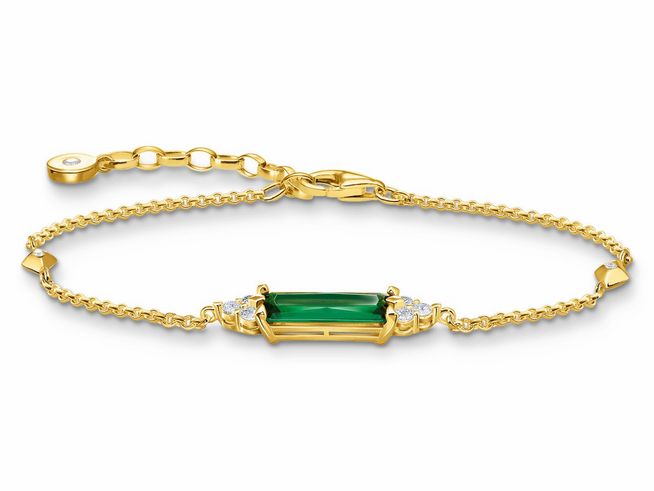 Ein elegantes Thomas Sabo Armband aus vergoldetem Sterling Silber mit grünem Glas-Keramik Stein und Zirkonia, verziert und 19 cm lang. Ideal für stilvolle Auftritte.