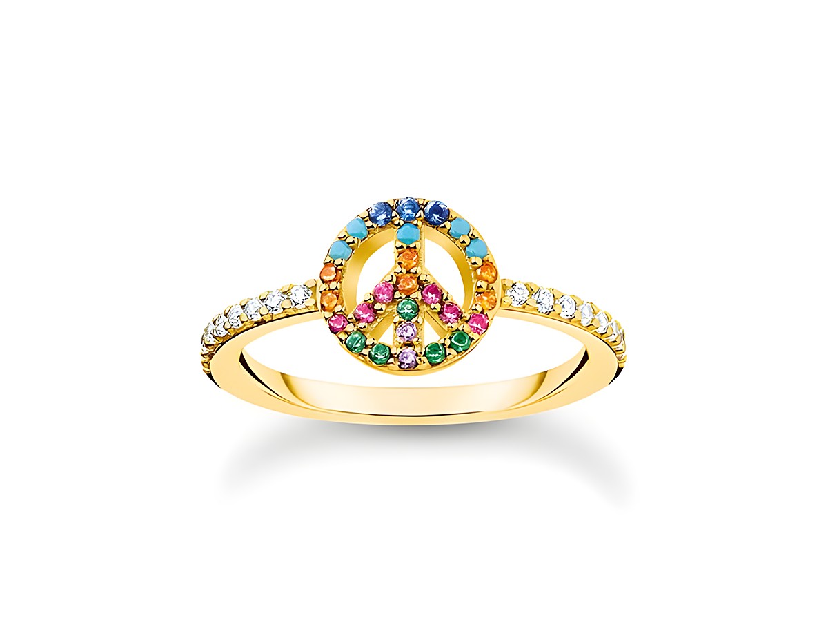 Ring aus vergoldetem Sterling Silber mit buntem Regenbogen-Peace-Zeichen und funkelnden Steinchen, Größe 52, Modell TR2373-488-7-52 von Thomas Sabo.