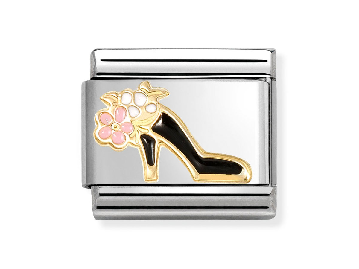 Schwarzer Schuh mit einer goldenen Blume und rosa Details, aus dem 585er Gelbgold und Emaille, ideal für Schmuckliebhaber, von Nomination, Neuheiten.