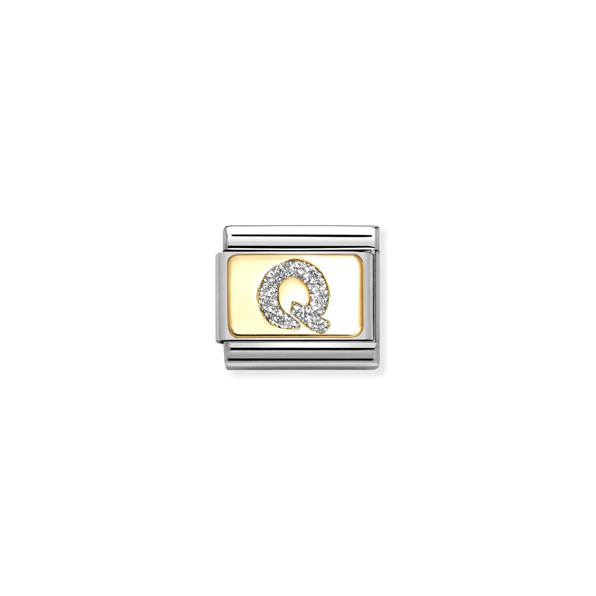 Nomination Composable Classic Charm Buchstabe Q Silberglitzer - Edelstahl, Gold 750, Emaille