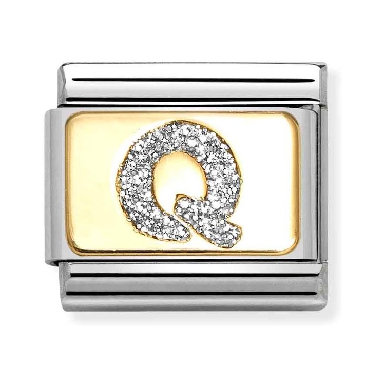 Nomination Composable Classic Charm Buchstabe Q Silberglitzer - Edelstahl, Gold 750, Emaille