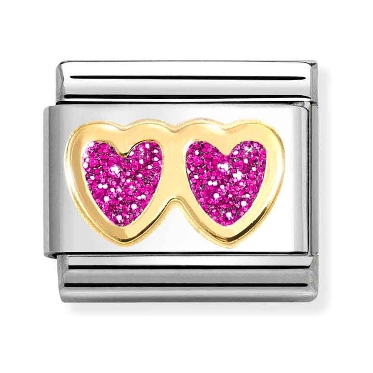 Nomination Composable Classic Charm Doppelherz magenta - Edelstahl, Gold 750 Gelbgold, Zirkonia