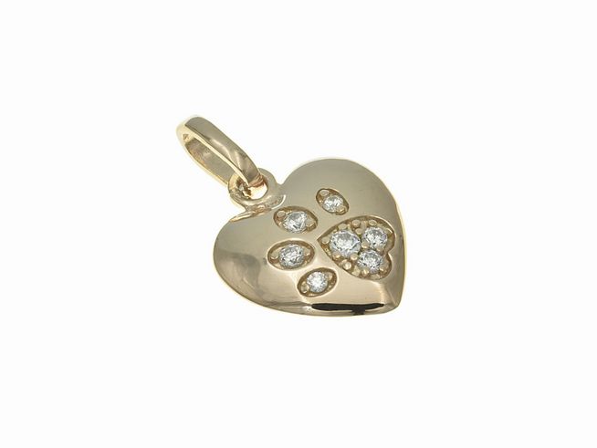 Sterling Silber Anhänger in Herzform mit einer Pfote, poliert und vergoldet in Roségold, verziert mit Zirkonia-Steinen, vom Hersteller Juwelier Harnisch, Perlen und Steine.