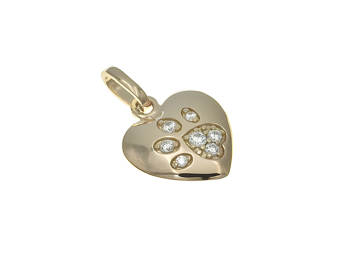 Sterling Silber Anhänger in Herzform mit einer Pfote, poliert und vergoldet in Roségold, verziert mit Zirkonia-Steinen, vom Hersteller Juwelier Harnisch, Perlen und Steine.