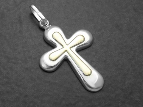 Kreuz aus poliertem Sterling Silber in bicolor Ausführung, modisch und schlicht, hergestellt von Juwelier Harnisch, ideal als Anhänger für Halsketten.