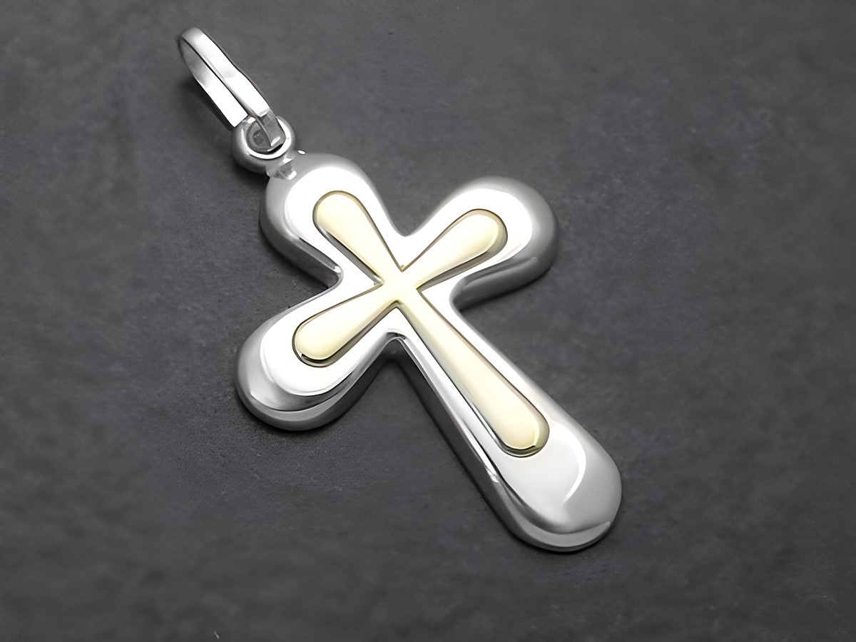 Kreuz aus poliertem Sterling Silber in bicolor Ausführung, modisch und schlicht, hergestellt von Juwelier Harnisch, ideal als Anhänger für Halsketten.