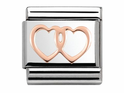 Doppelte Herzen in Roségold auf einem silbernen Hintergrund, aus der Kollektion Nomination 430104 08 Classic, symbolisieren Liebe und Verbundenheit.