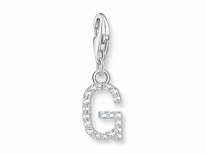 Silberner Charm-Anhänger in Form des Buchstabens G, verziert mit funkelnden weißen Zirkonia, von Thomas Sabo, Modell 1939-051-14, ideal für persönlichen Schmuck.