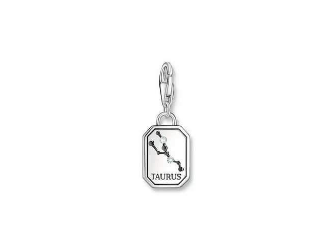 Silberner Charm-Anhänger von Thomas Sabo, Modell 2151-643-21, zeigt das Sternzeichen Stier mit Zirkonia, ideal für persönlichen Schmuck oder Geschenke.