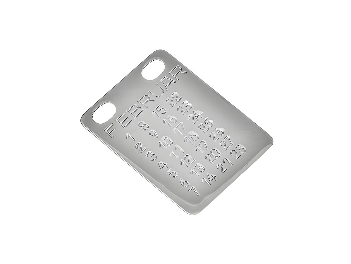 Eine gravierte Edelstahlplatte mit der Aufschrift Februar, die die Datumsangaben für den Monat Februar sowie eine Sternzeichen-Darstellung zeigt, geeignet als Geschenkidee von Juwelier Harnisch.
