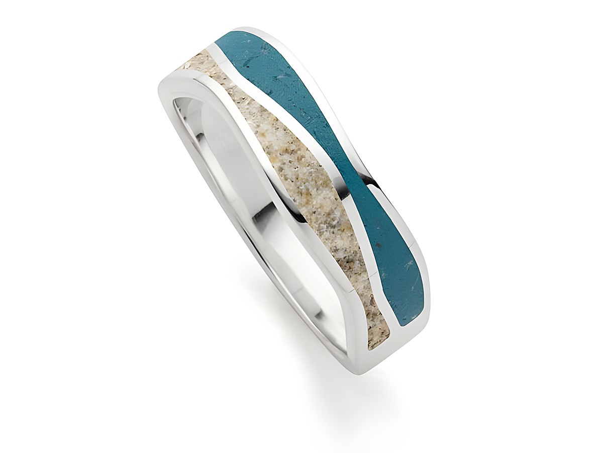 Sterling Silber Ring in Wellenform mit Strandsand und blauem Steinsand, Größe 60, Hersteller DUR, elegantes Design, ideal für jeden Anlass.