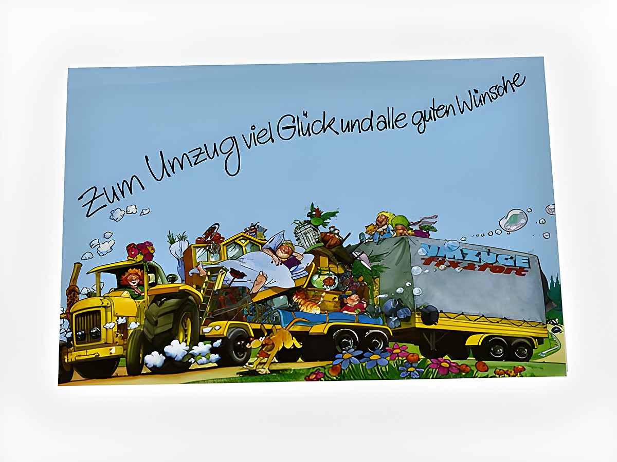 Eine bunte Grußkarte mit dem Text "Zum Umzug viel Glück und alle guten Wünsche". Auf der Karte sind fröhliche Menschen und ein Umzugswagen abgebildet, umgeben von Blumen und einer lebhaften Szene.