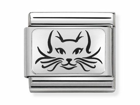 433010905-0 Oxidierte Plakette mit Katzengesicht aus silberfarbenem Edelstahl, hergestellt von Nomination SilverShine Classic. Die Plakette zeigt ein künstlerisches Katzenmotiv.