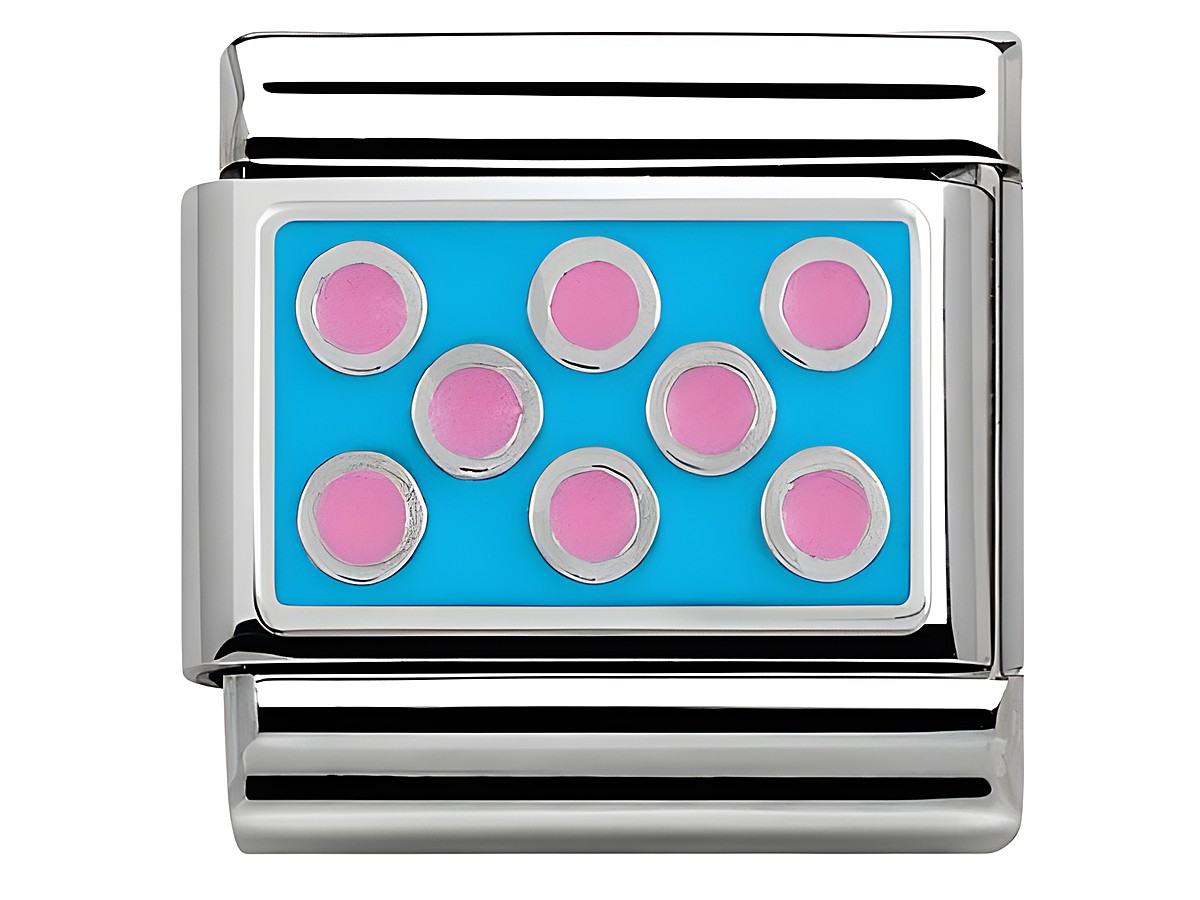 Nomination SilverShine 330206 08 Classic aus Edelstahl zeigt eine elegante Schmuckélément mit einer blauen Emaille-Oberfläche und sieben rosa Kügelchen verziert, ideal für kreative Armbänder.