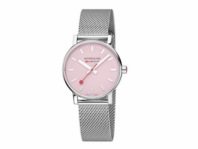 Mondaine evo2 MSE.35130.SM 35 mm Armbanduhr mit pinkem Ziffernblatt, silbernem Gehäuse und Milanaise-Armband, minimalistisches Design, elegante Uhr für jeden Anlass.