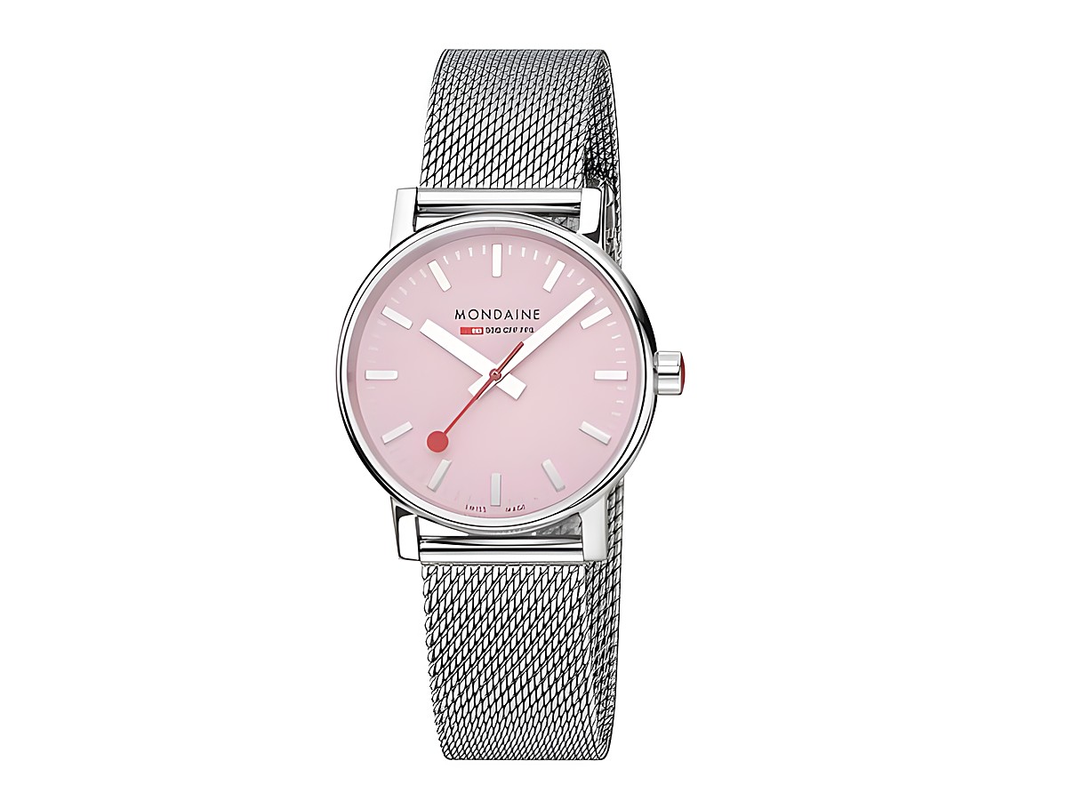 Mondaine evo2 MSE.35130.SM 35 mm Armbanduhr mit pinkem Ziffernblatt, silbernem Gehäuse und Milanaise-Armband, minimalistisches Design, elegante Uhr für jeden Anlass.