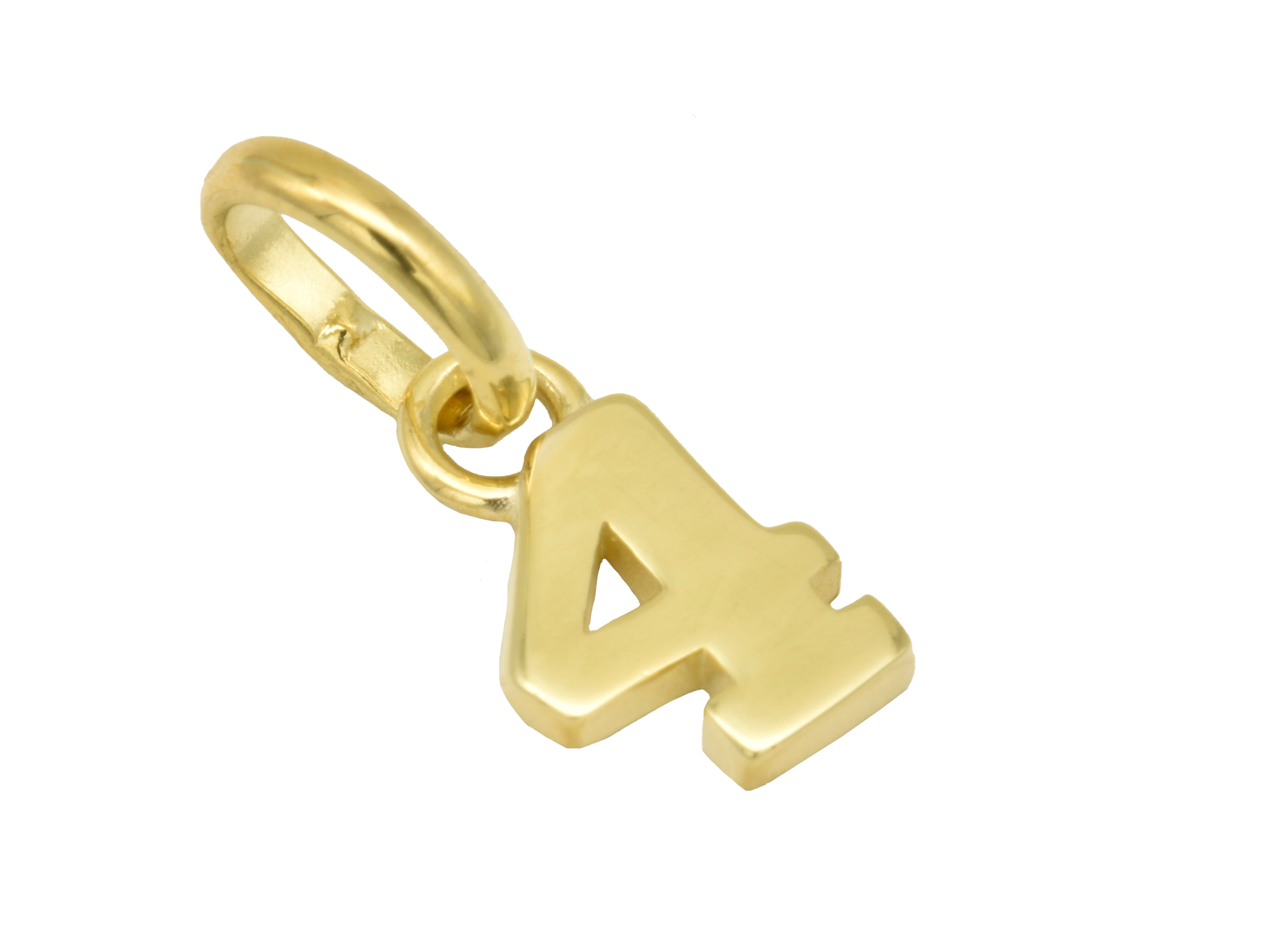 Gold Anhänger Zahl 4 aus 750 Gelbgold, poliert und strahlend. Symbolisiert Glückszahlen und ist ideal als persönliches Schmuckstück. Hersteller ist Juwelier Harnisch.