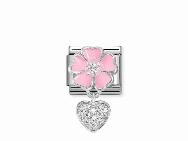 433181401-0 Charm von Nomination Classic Silber 331814 01 mit rosa Blume, Herz mit Zirkonia und Emaille in Weiß, ideal für eine stilvolle Schmuckkollektion.