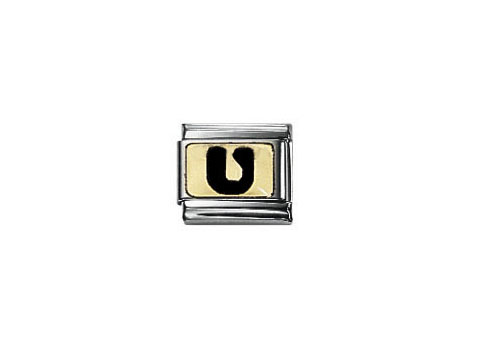 Nomination Classic schwarzes Buchstabenmodul mit dem Buchstaben U, emailliert in Schwarz, umrandet von einer silberfarbenen Metallfassung, ideal für personalisierte Armbänder.