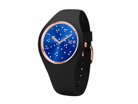 Die Ice Watch ICE cosmos 016298 in Schwarz hat ein rundes blaues Ziffernblatt mit glitzernden Sternen und goldenen Akzenten. Der schwarze Silikonarmband sorgt für einen sportlichen Look.