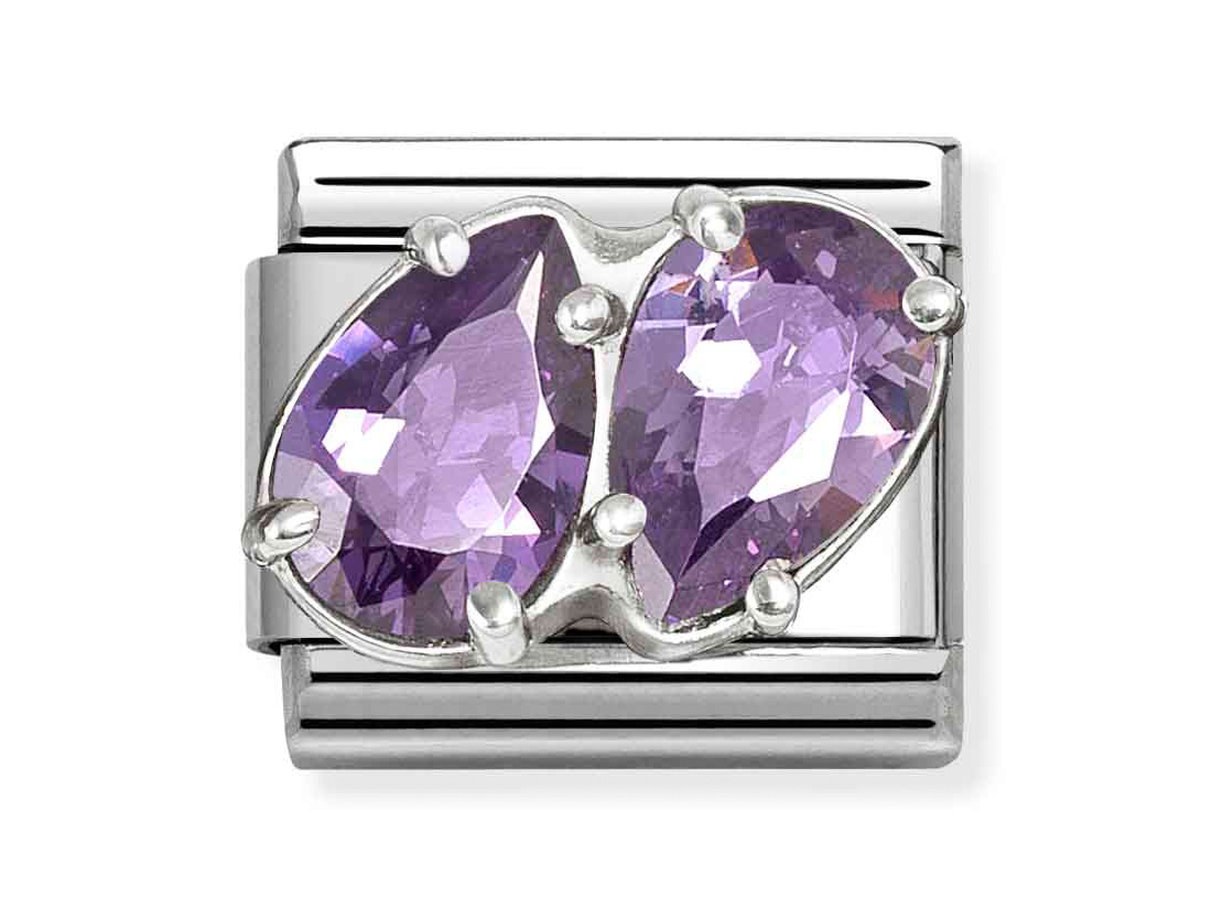 Classic Sterling Silber Charm mit zwei violetten Tropfen aus Zirkonia, kunstvoll angebracht, strahlend und elegant, ideal für individuelle Schmuckstücke von Pandora.