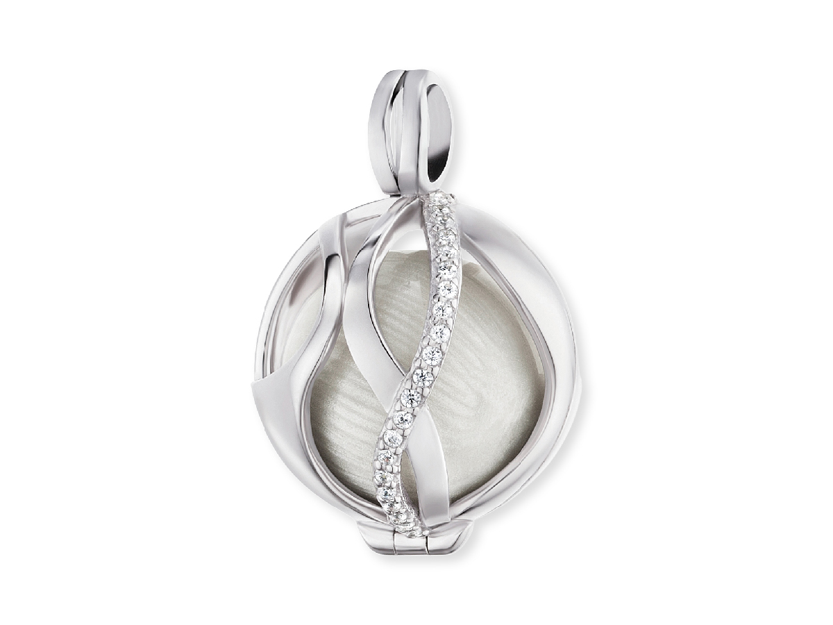 Engelsrufer Klangkugel Anhänger in Silber mit rhodiierter Oberfläche, Zirkonia und Perlmutt in Weiß, elegantes Design, perfekt als Schmuckstück oder Geschenk, Größe M.