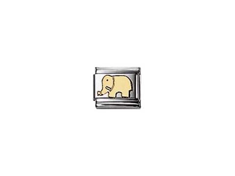 Eine goldene Elefant-Darstellung auf einem silbernen Hintergrund, hergestellt von Nomination, geeignet für die Schmuckserie Classic Tiere.