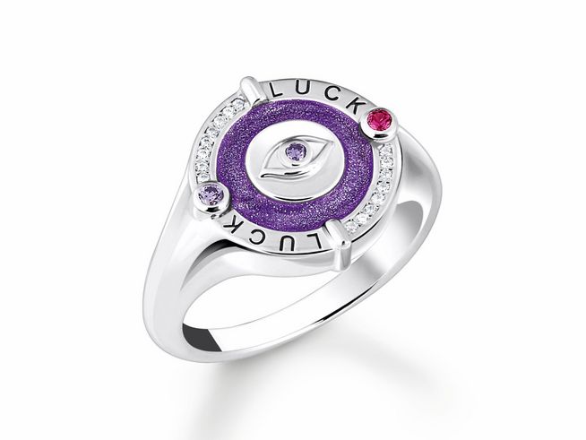Thomas Sabo Ring TR2438-390-13-56 in Silber mit violettem Emaille-Center, synthetischem Korund und Zirkonia, kosmischer Talisman, Größe 56.
