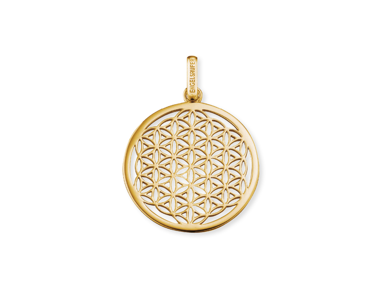Lebensblume Anhänger von Engelsrufer in gelbgold vergoldetem Silber, runde Form mit filigranem Design, Durchmesser 33 mm, elegantes Schmuckstück für besondere Anlässe.