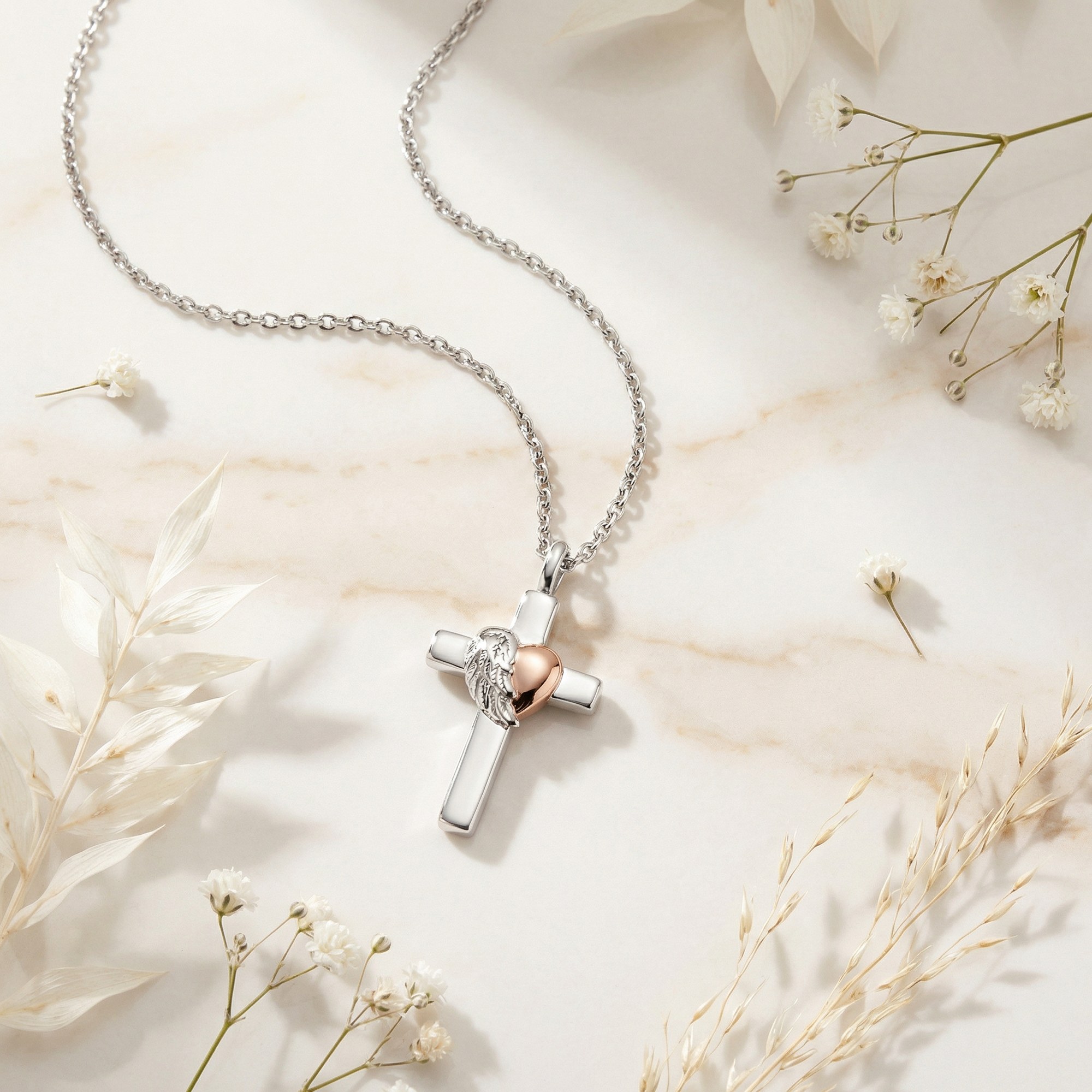 Engelsrufer HEART Halskette mit Anhänger Kreuz Herzflügel Bicolor - Roségold vergoldet auf Silber 40 cm – Ansicht 3