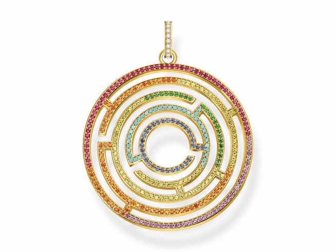 Der Thomas Sabo Anhänger PE921-488-7 aus vergoldetem Sterling Silber zeigt ein modernes, mehrfarbiges Design mit Glas-Keramik Steinen, synth. Korund und Zirkonia.