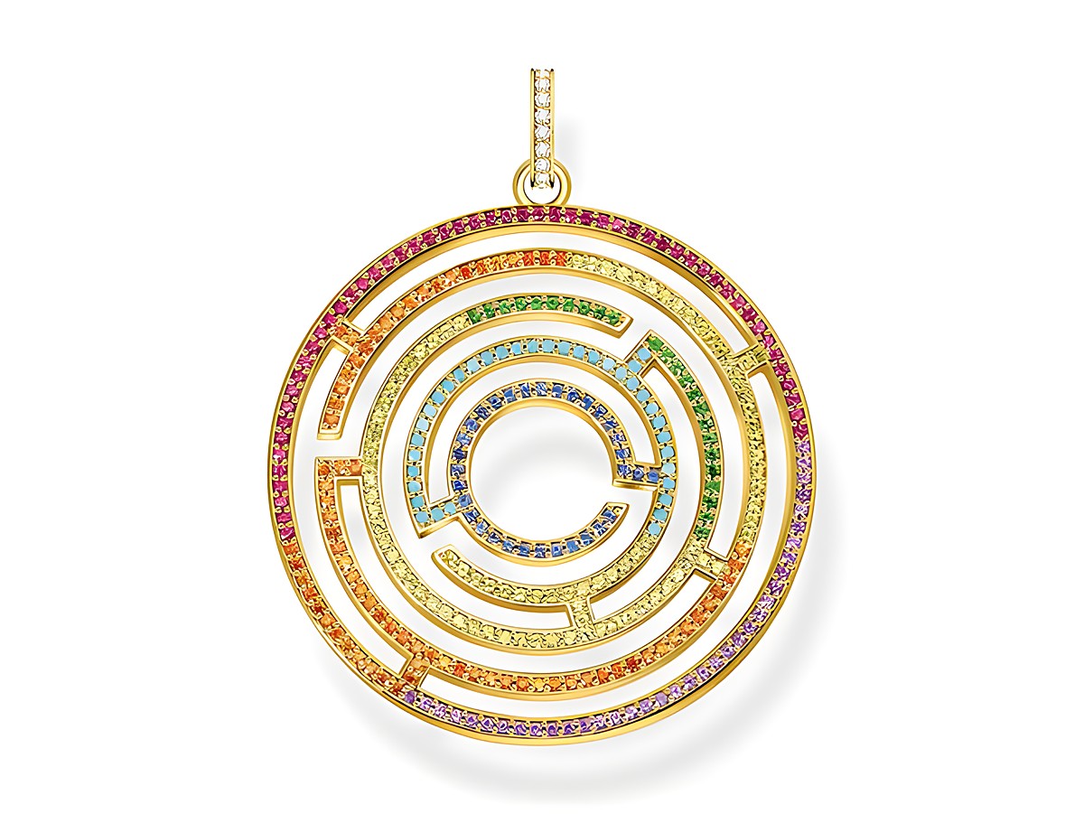 Der Thomas Sabo Anhänger PE921-488-7 aus vergoldetem Sterling Silber zeigt ein modernes, mehrfarbiges Design mit Glas-Keramik Steinen, synth. Korund und Zirkonia.
