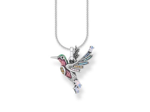 Thomas Sabo Kette mit Anhänger in Silber präsentiert einen bunten Kolibri, filigran gestaltet mit glitzernden Elementen, hängend an einer zarten, stufenlos verstellbaren Kette von 38-42 cm.