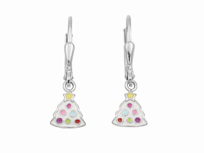 Ohrhänger in Form eines Weihnachtsbaums aus poliertem rhodiniertem Sterling Silber mit buntem Lack, ideal für Kinder, hergestellt von Juwelier Harnisch.