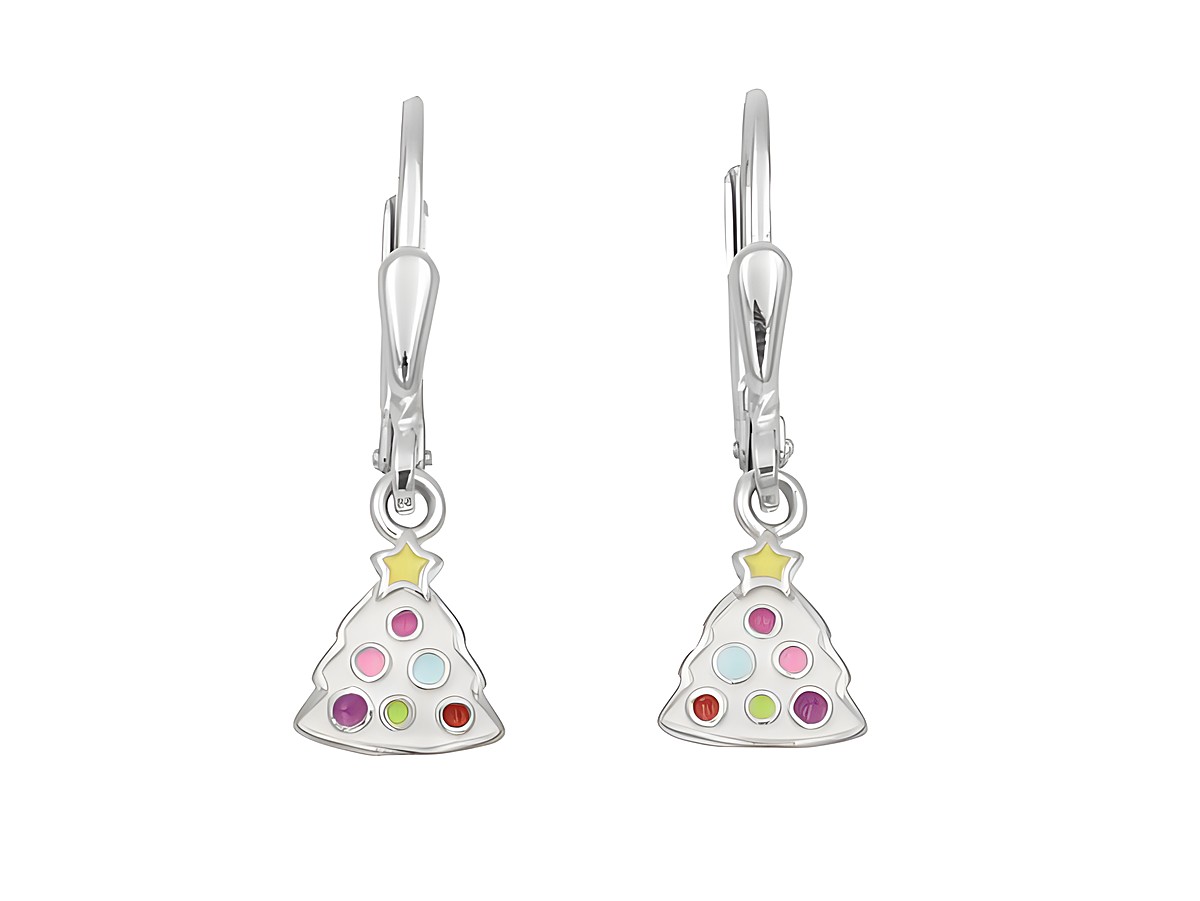 Ohrhänger in Form eines Weihnachtsbaums aus poliertem rhodiniertem Sterling Silber mit buntem Lack, ideal für Kinder, hergestellt von Juwelier Harnisch.