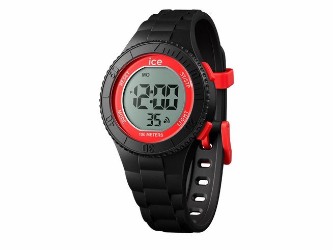 50441198-0 ICE digit - Black spider - Small - 021007 in Schwarz mit rotem Ziffernblatt zeigt digitale Zeit und Funktionen wie Stoppuhr und Licht. Robustes Silikonarmband für sportliche Anwendungen.