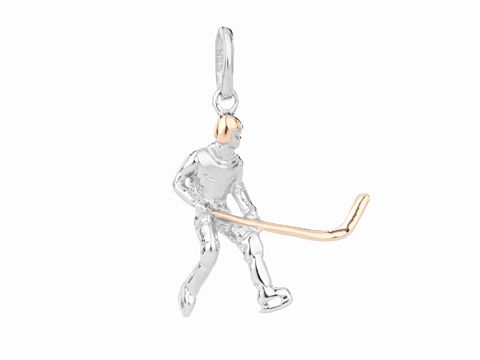 Eishockey Spieler Anhänger aus modernen bicolor Materialien, rhodiniert in Silber mit goldenem Hockeyschläger, gefertigt vom Juwelier Harnisch, ideal für Sportfans.