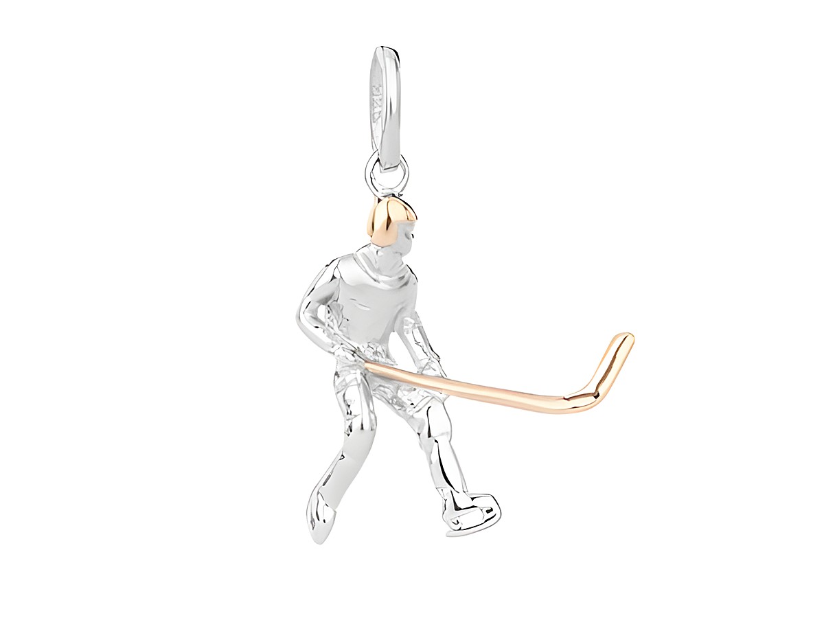 Eishockey Spieler Anhänger aus modernen bicolor Materialien, rhodiniert in Silber mit goldenem Hockeyschläger, gefertigt vom Juwelier Harnisch, ideal für Sportfans.