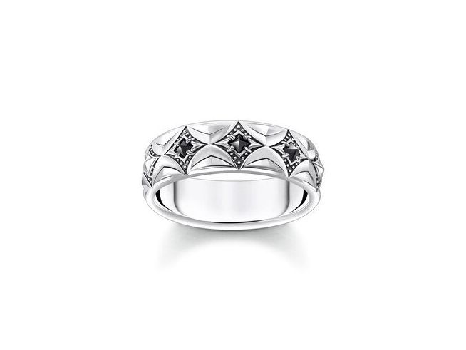 Schöner Thomas Sabo Ring Rebel Wolf aus geschwärztem Silber mit Zirkonia in Schwarz, Design mit stilisierten Mustern, Größe 62. Ideal für einen markanten Look.