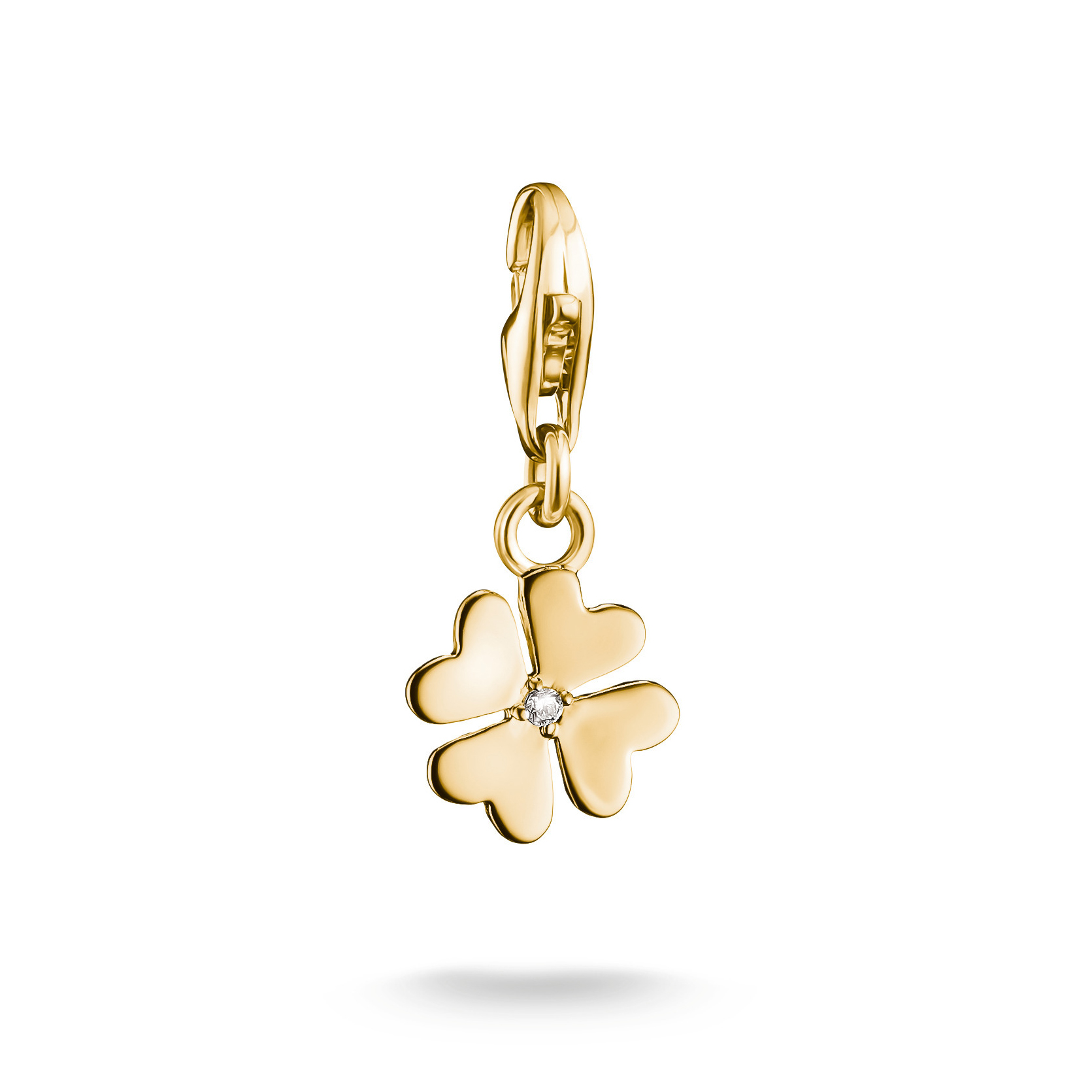 Charm Kleeblatt aus 18k Gelbgold Vergoldung mit Zirkonia von Thomas Sabo, neu und elegant gestaltet, ideal für persönliche Schmuckstücke oder als Geschenk.