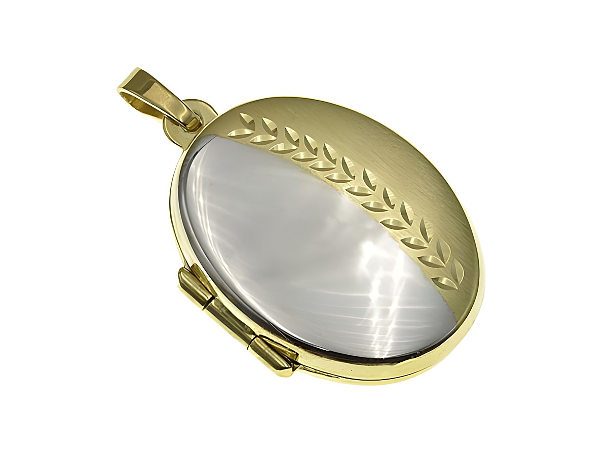 Gold 375 Medaillon oval mattiert poliert bicolor mit Muster, Hersteller Juwelier Harnisch, elegant und zeitlos, ideal als persönliches Schmuckstück oder Geschenk.