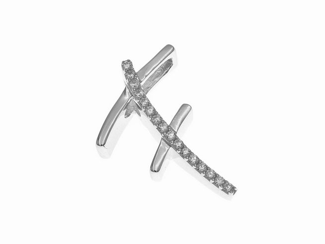 Anhänger aus poliertem Sterling Silber in Form des Buchstabens F, verziert mit Zirkonia, Hersteller Juwelier Harnisch, elegantes und modernes Design.