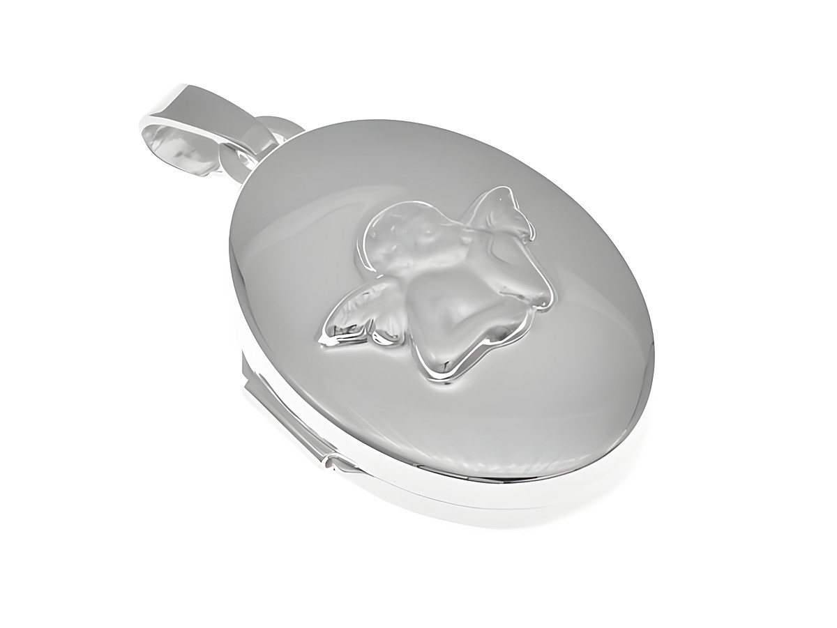 Medaillon in ovaler Form aus rhodiniertem Sterling Silber mit himmlischem Engel-Motiv, Hersteller: Juwelier Harnisch, ideal zur Aufbewahrung persönlicher Erinnerungen.