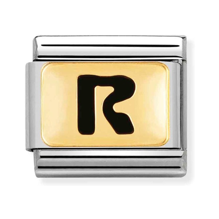 Nomination Composable Classic Charm Buchstabe R schwarz - Edelstahl, Gold 750 Gelbgold, Emaille