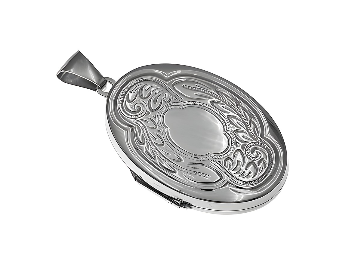 Medaillon oval nostalgisch aus Sterling Silber rhodiniert, gefertigt vom Juwelier Harnisch, verziert mit eleganten Mustern und einem glatten, zentralen Bereich.