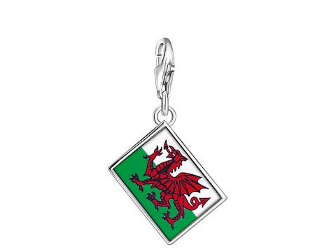 Thomas Sabo Ländercharms Flagge Wales Charm 1083-007-6 in Emaille zeigt einen roten Drachen auf grünem Hintergrund, rahmenlos in dreieckiger Form mit Karabinerhaken.