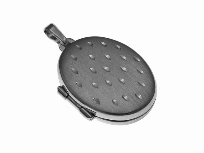 Ovales Medaillon aus rhodiniertem Sterling Silber, mattiert, mit dekorativer Oberflächenstruktur. Hersteller: Juwelier Harnisch, ovales Design, elegant und zeitlos. Ideal für persönliche Erinnerungen.