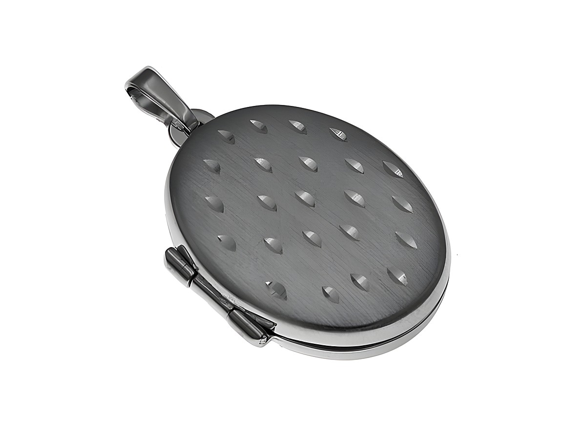 Ovales Medaillon aus rhodiniertem Sterling Silber, mattiert, mit dekorativer Oberflächenstruktur. Hersteller: Juwelier Harnisch, ovales Design, elegant und zeitlos. Ideal für persönliche Erinnerungen.